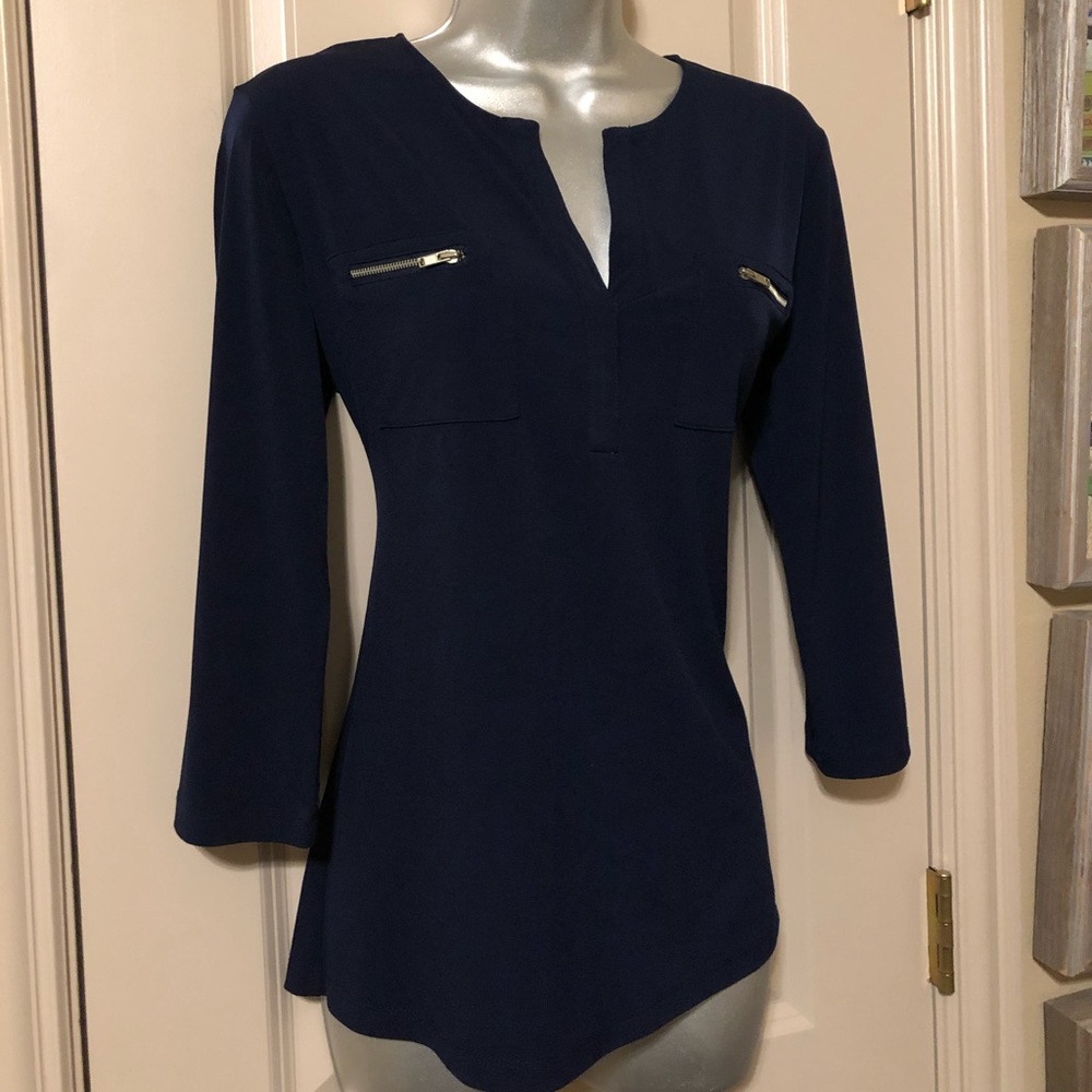 New York&company navy blue blouse with zip pockets